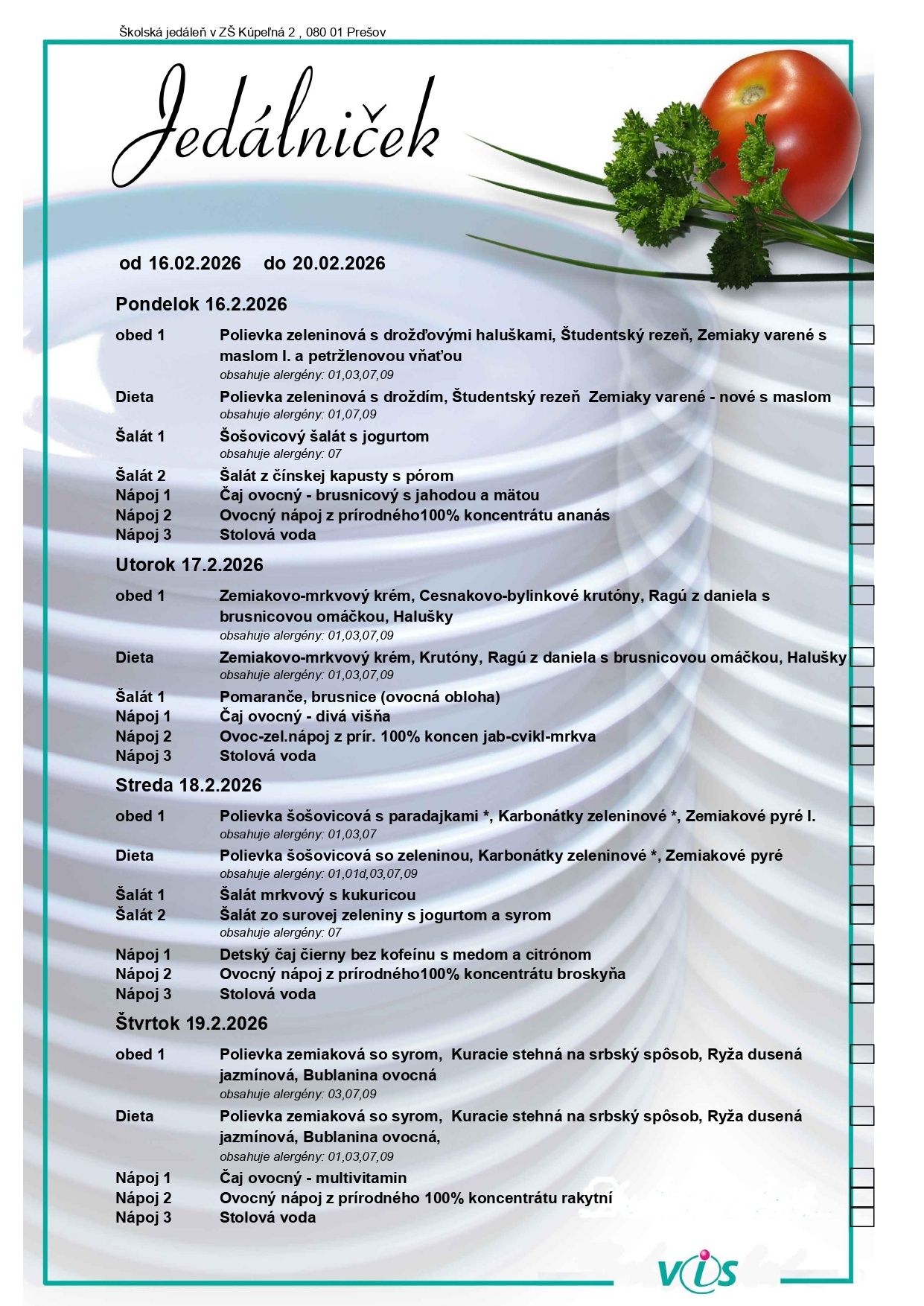 Jedálny lístok 16.február - 20.február 2026 - Obrázok 1