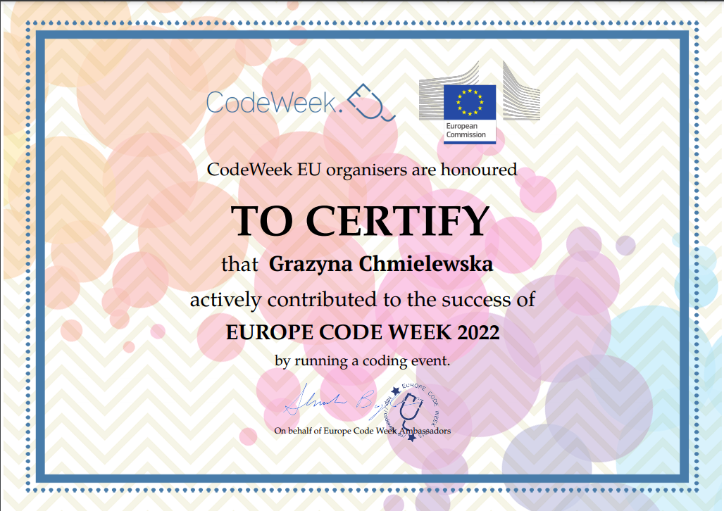 certyfikat CodeWeek dla organizatora wydarzenia Jestem komputerem