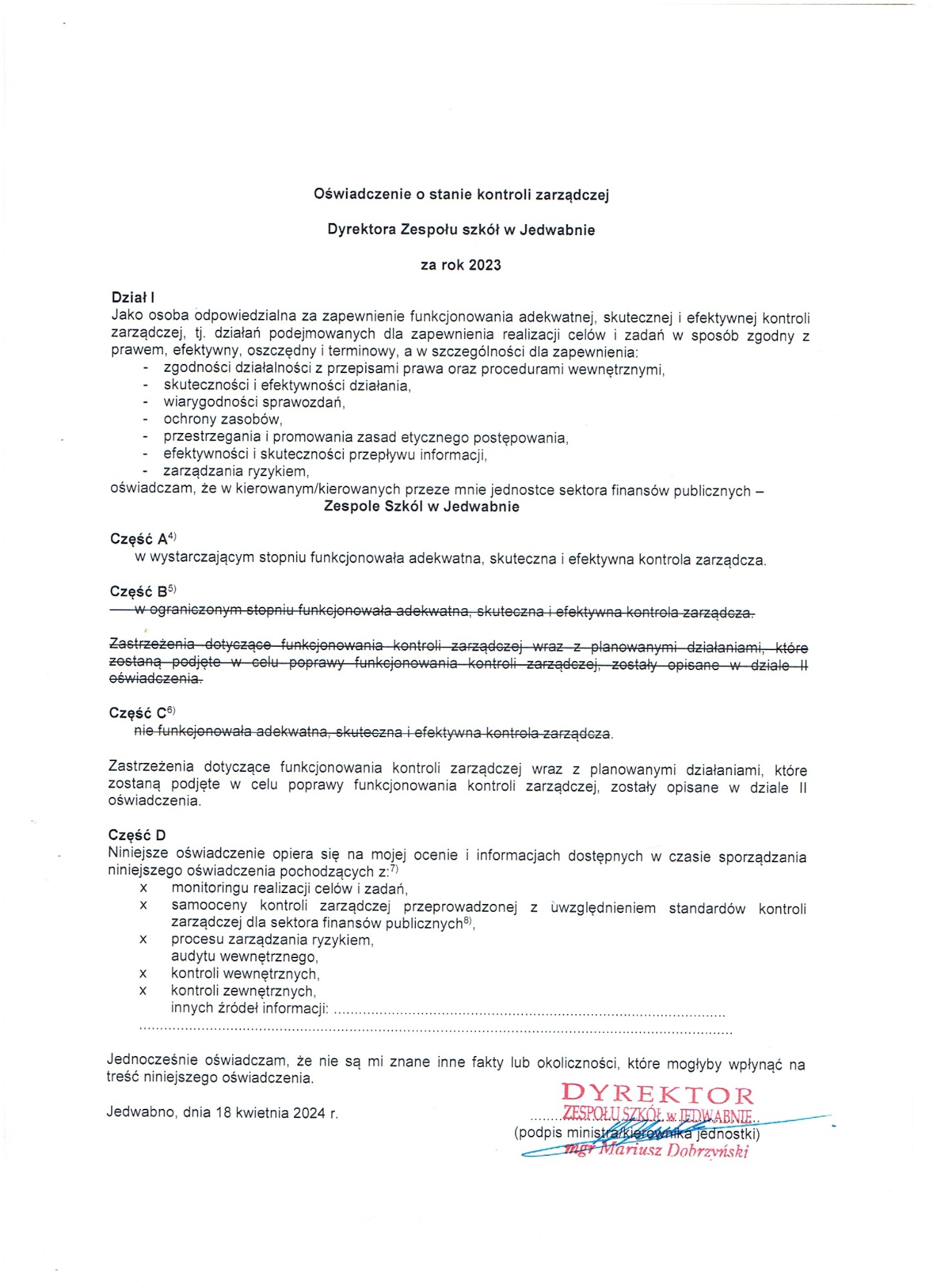 Oświadczenie o stanie kontroli zarządczej  Dyrektora Zespołu Szkół w Jedwabnie za rok 2023