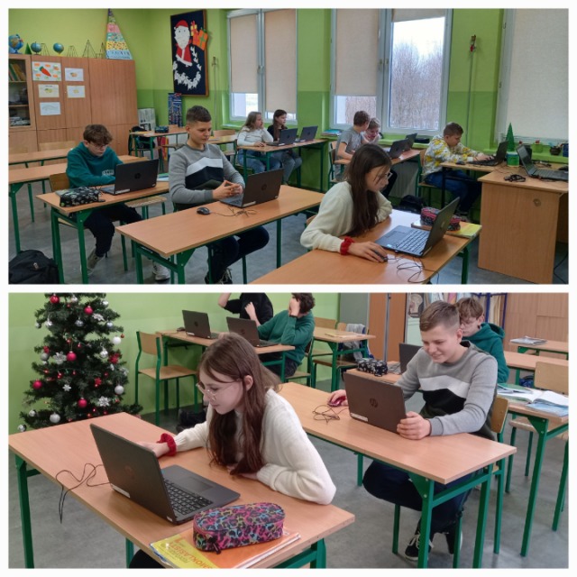 Uczniowie klasy VII korzystają z laptopów z  Pracowni Kompetencji Cyfrowych na zajęciach języka angielskiego 