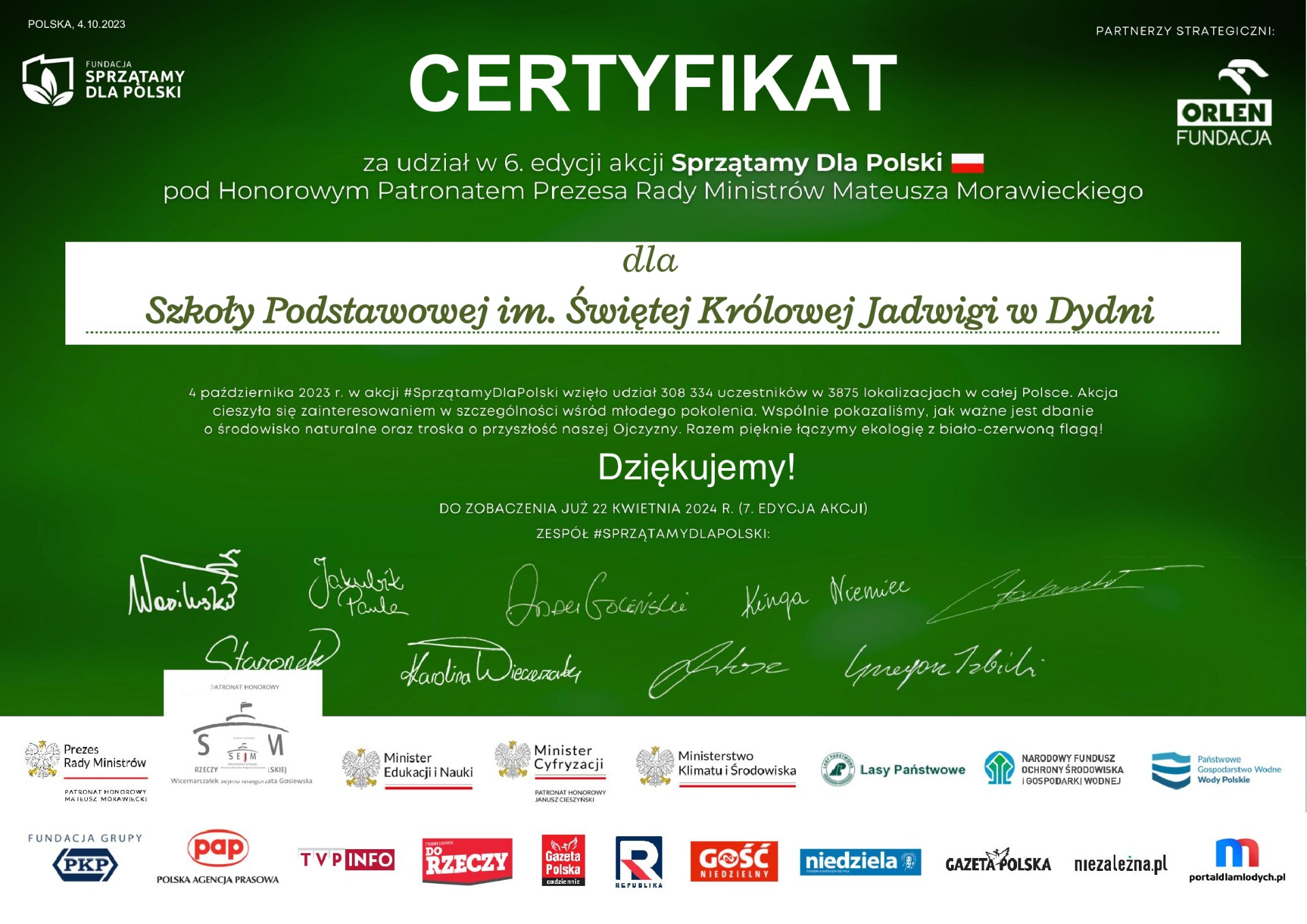 Zdjęcie przedstawia dyplom dla Szkoły Podstawowej w Dydni za udział w 6. edycji akcji Sprzątamy dla Polski.