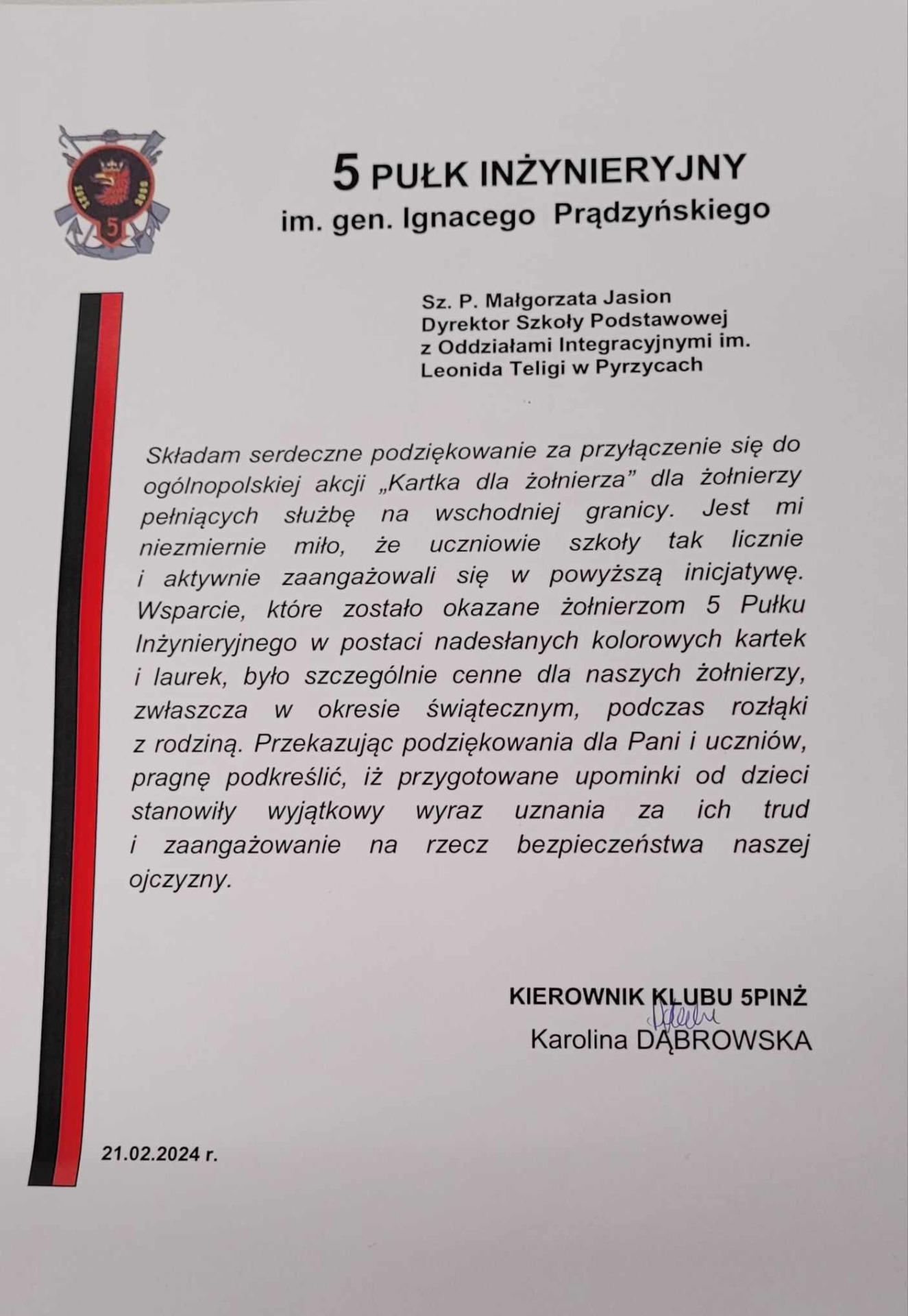 Podziękowania dla uczniów SPzOI w Pyrzycach za udział w akcji "Kartka dla żołnierza".