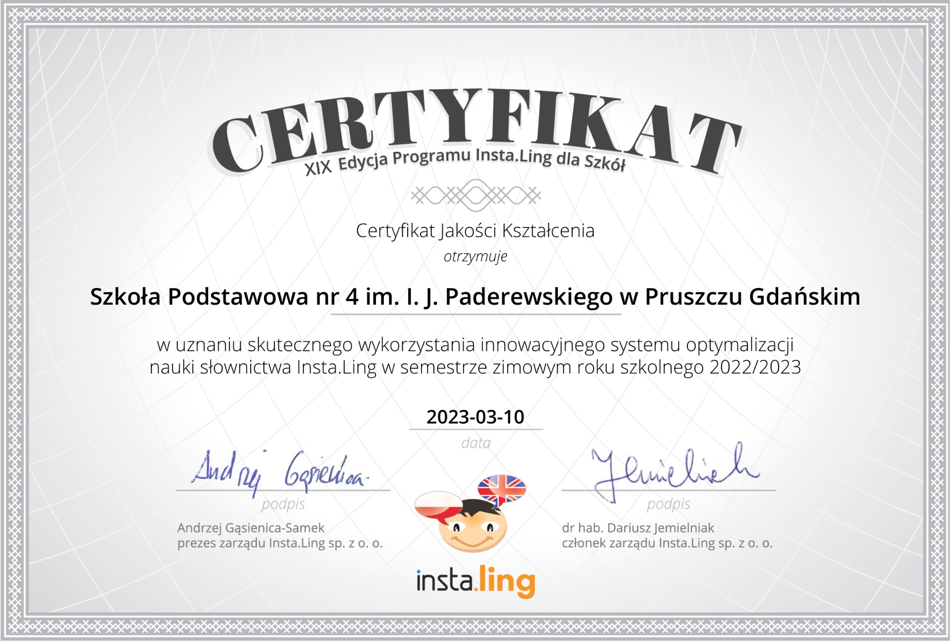 Certyfikat dla naszej szkoły od Insta.Ling - Obrazek 1