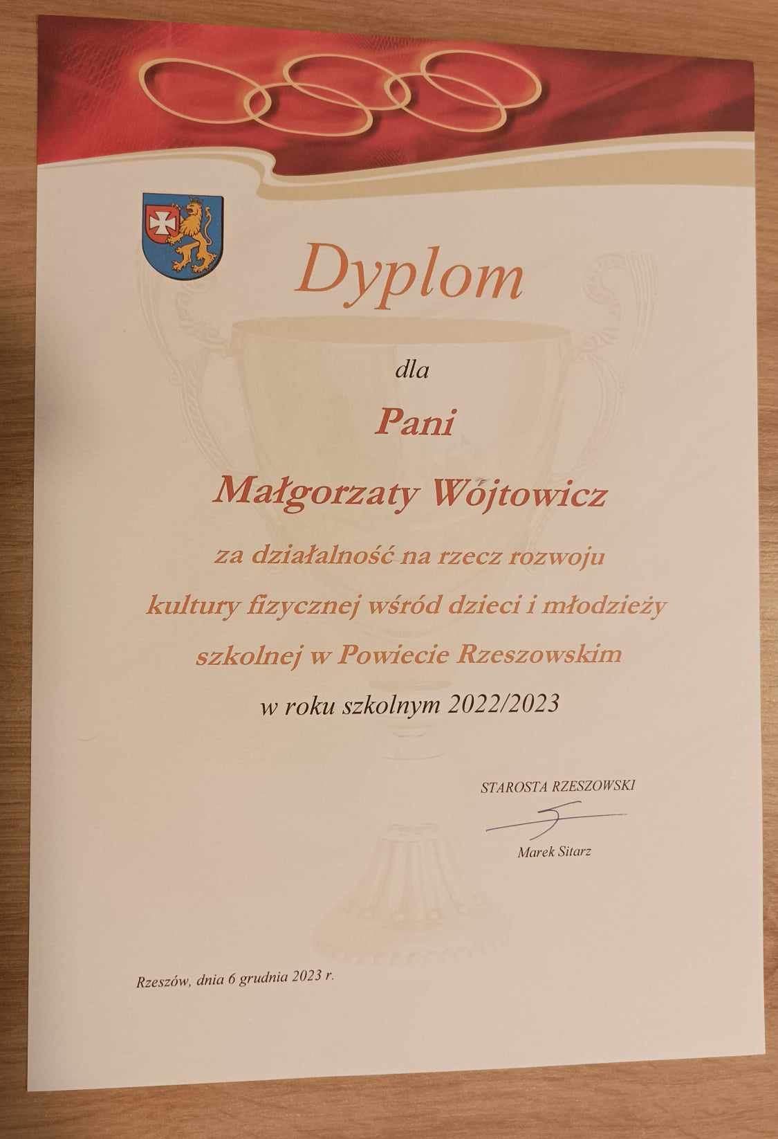 Dyplom dla p. Małgorzaty Wojtowicz - Obrazek 1