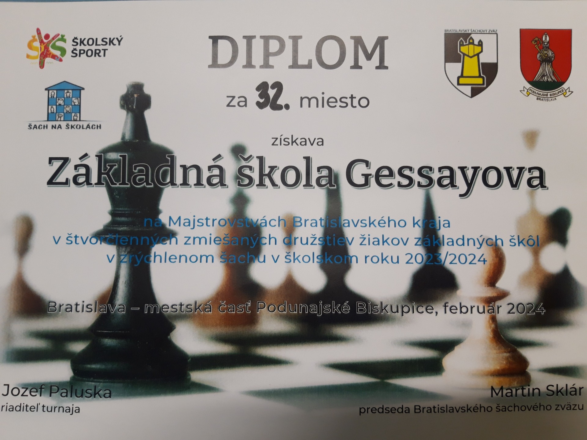 Majstrovstvá Bratislavského kraja  štvorčlenných školských družstiev žiakov v rapid šachu - Obrázok 1
