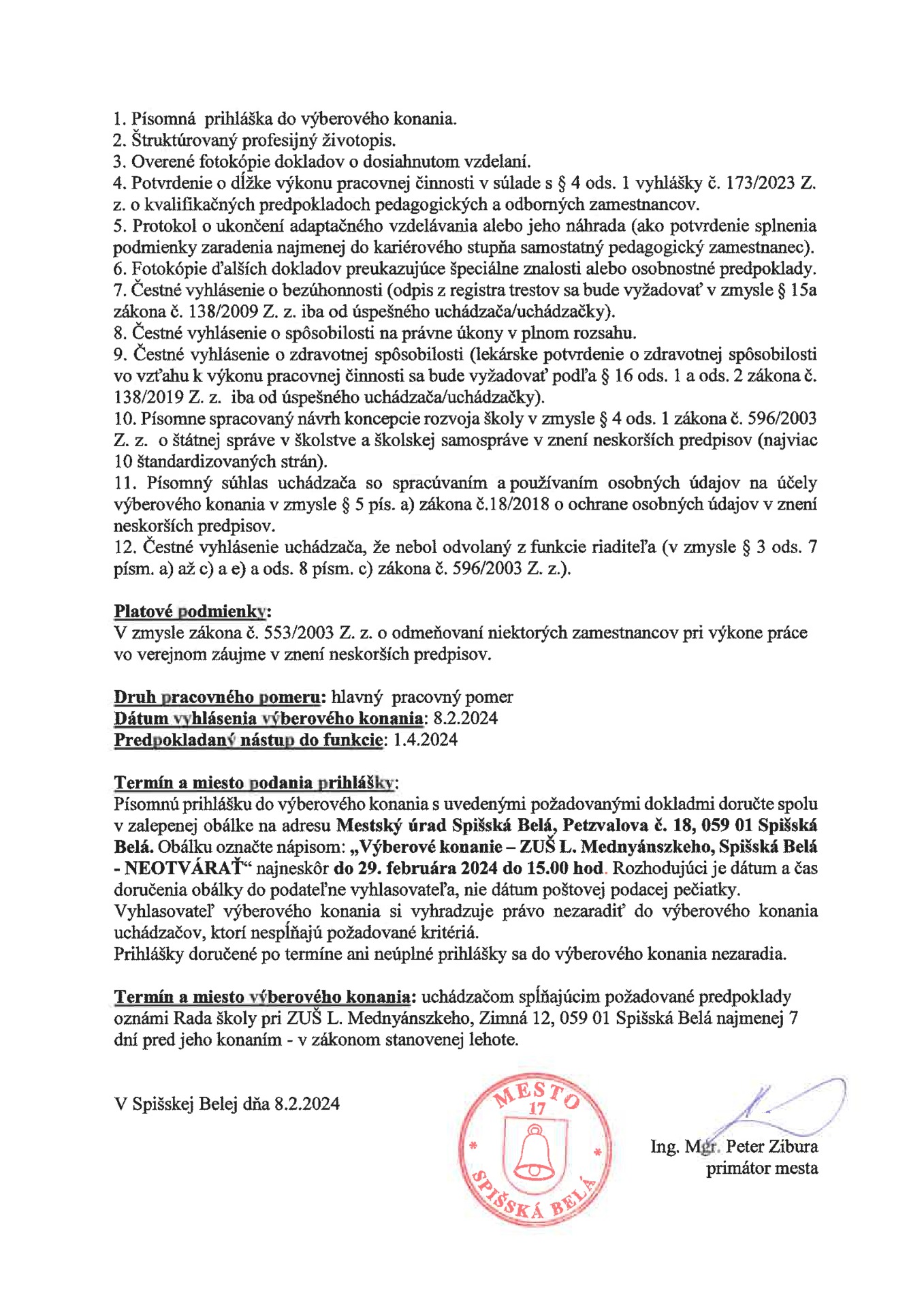 Vyhlásenie výberového konania na riaditeľa/riaditeľku ZUŠ L. Mednyánszkeho v Spišskej Belej - Obrázok 2