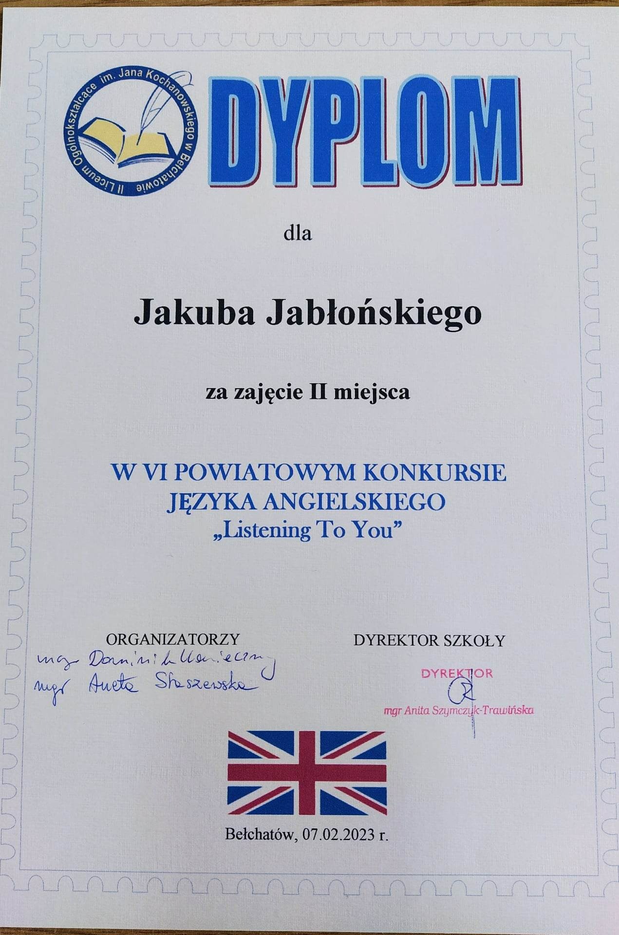 Dyplom dla Jakuba Jabłońskiego za zajęcie II miejsca w konkursie powiatowym "Listening to You"