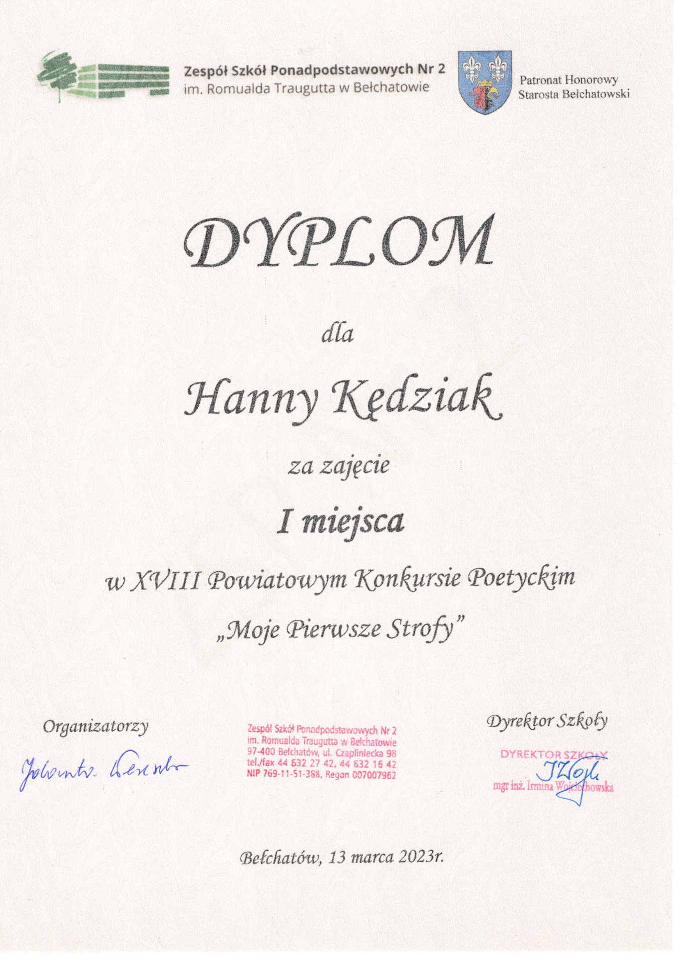 Dyplom dla Hanny Kędziak za zajęcie I miejsca w XVIII Powiatowym Konkursie Poetyckim "Moje pierwsze strofy"