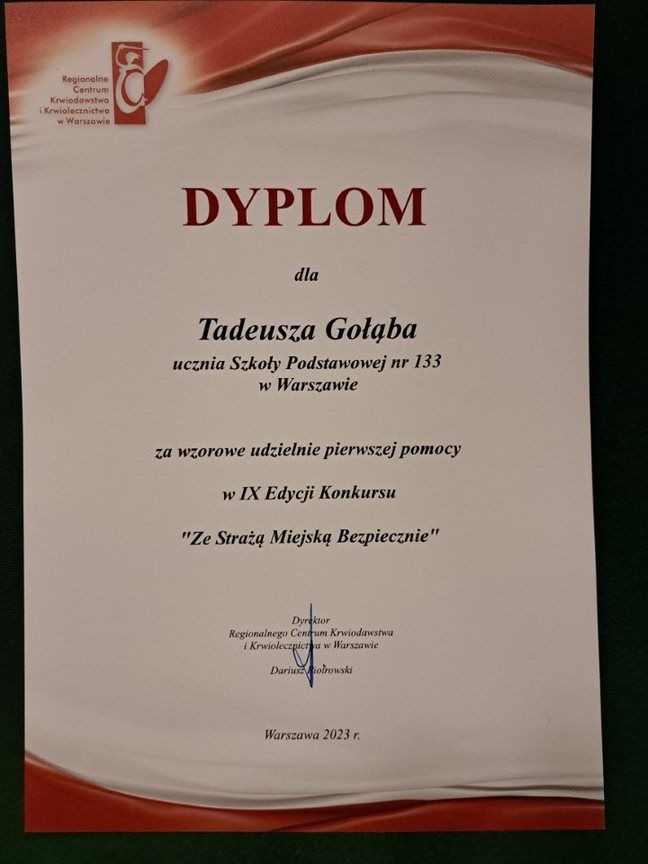 Dyplom dla Tadeusza Gołębia za wzorowe udzielanie pierwszej pomocy