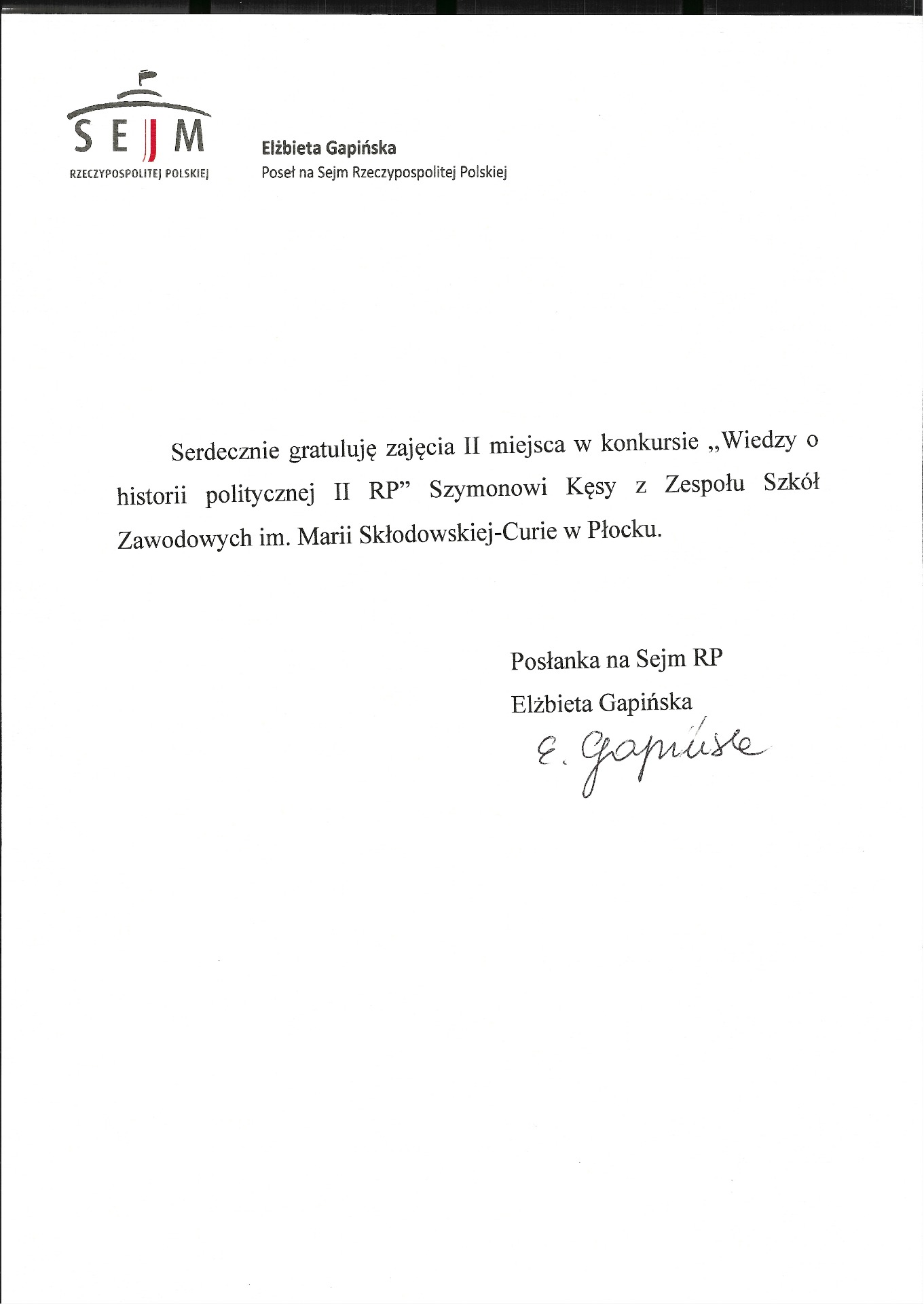 List gratulacyjny dla Szymona Kęsy za zajęcie II miejsca w Konkursie wiedzy o historii politycznej II RP