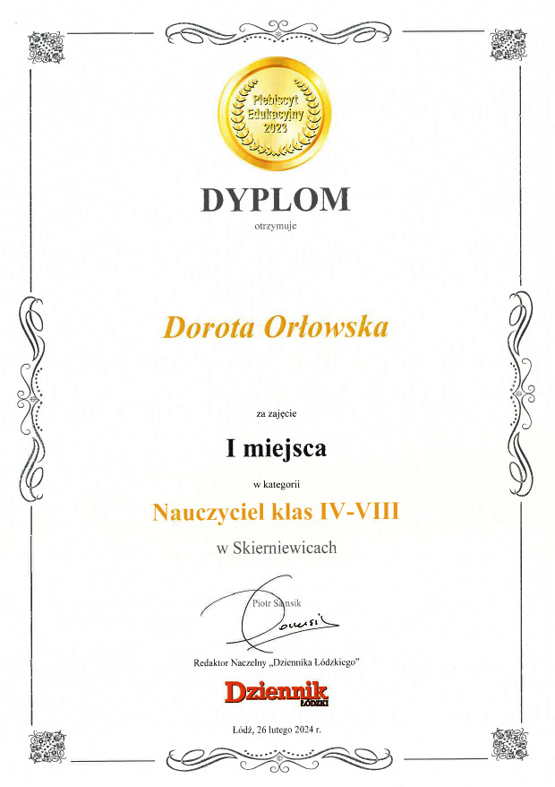 Dyplom - Nauczyciel Roku 2023 kl. IV-VIII w mieście Skierniewice