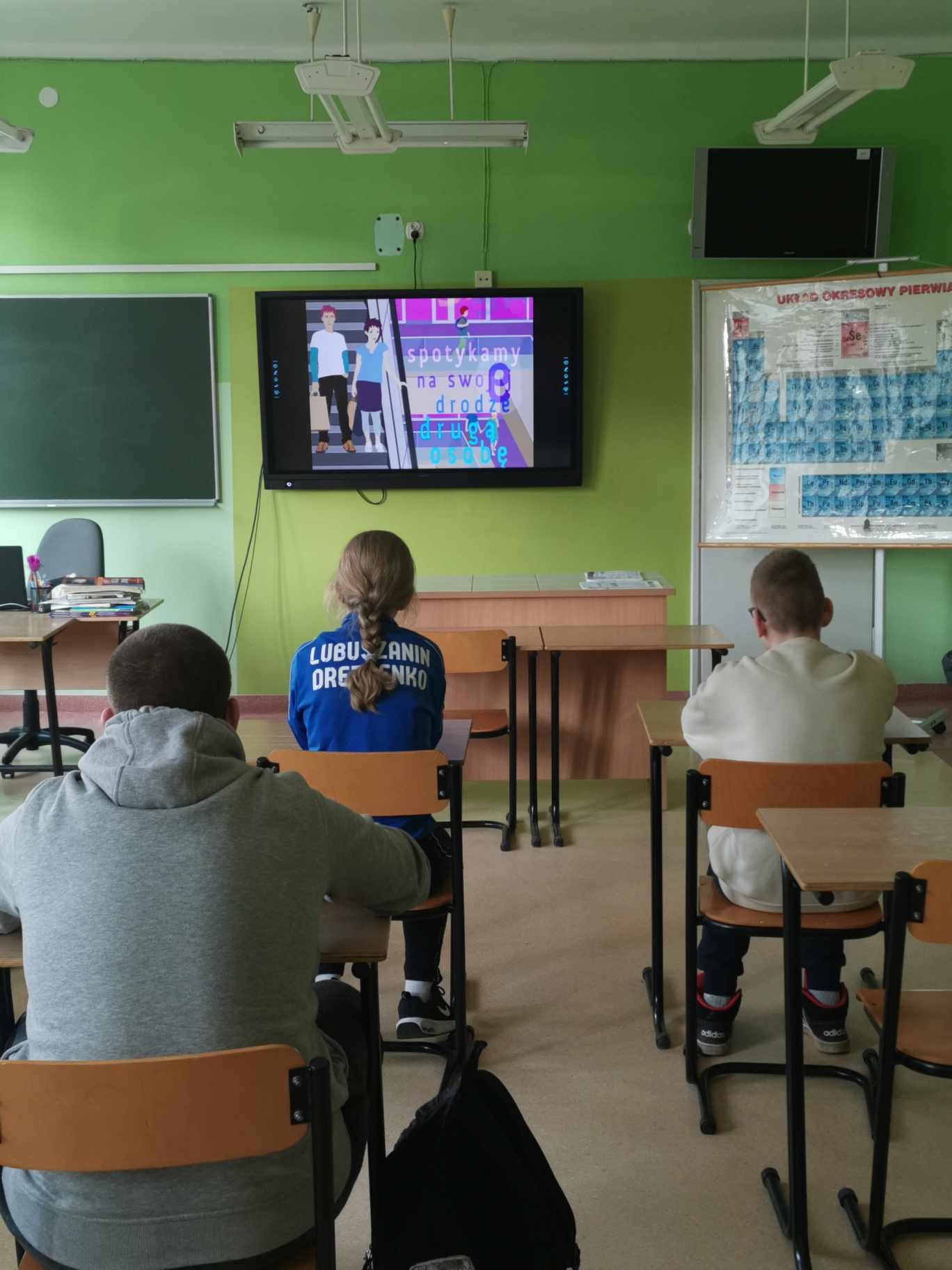 Uczniowie odwróceni od aparatu plecami oglądają prezentację